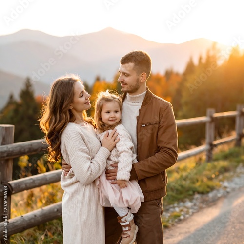Happy family embracing on a scenic mountain overlook.