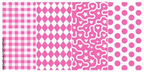 Pink pattern collection featuring gingham harlequin hearts stars and polka dots