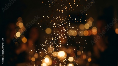 Golden sparks and festive bokeh lights glowing in the dark