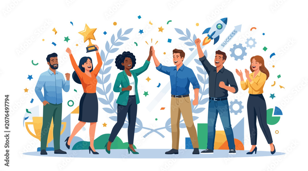 Obraz premium Diverse team celebrates success with high five and trophy, confetti falling on white background.