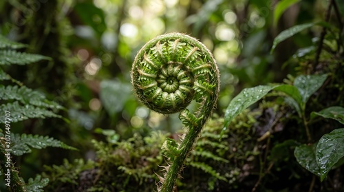 Macro Close Up of Unfurling Fern Leaf Spiral Growing in Tropical Rainforest