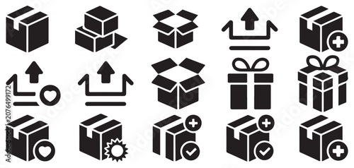 Foto Black silhouette parcel and shipping box icon collection