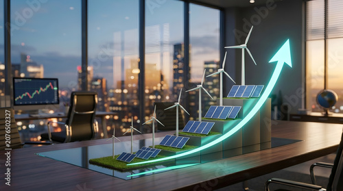Sustainable energy investment growth concept with miniature solar panels and wind turbines on a rising steps chart inside a modern corporate office at night