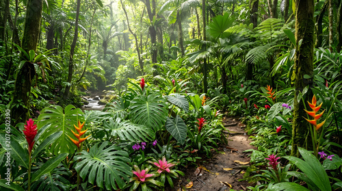 Path through a lush tropical forest in a vibrant nature scene with dense greenery.