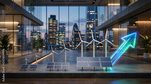 Renewable energy business progress concept with miniature solar panels, wind turbines, and a glowing digital neon arrow inside a modern luxury office lobby overlooking the city skyline at night