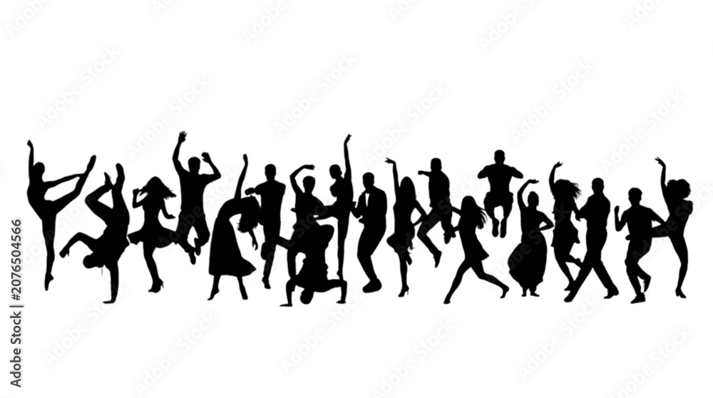 Fototapeta premium Silhouette group of people dancing and celebrating together