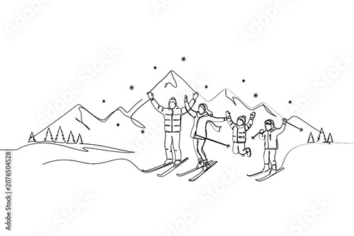 Skiers And Mountains Line Drawing On White Background
