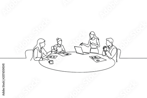 Business Meeting With People And Laptop One Line Drawing Style