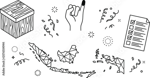 Obraz na plátně Indonesia election and democracy line icon set with wooden ballot box inked voti