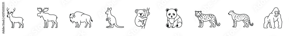 Fototapeta premium Minimal Wildlife Animal Outline Vector Icon Set Collection