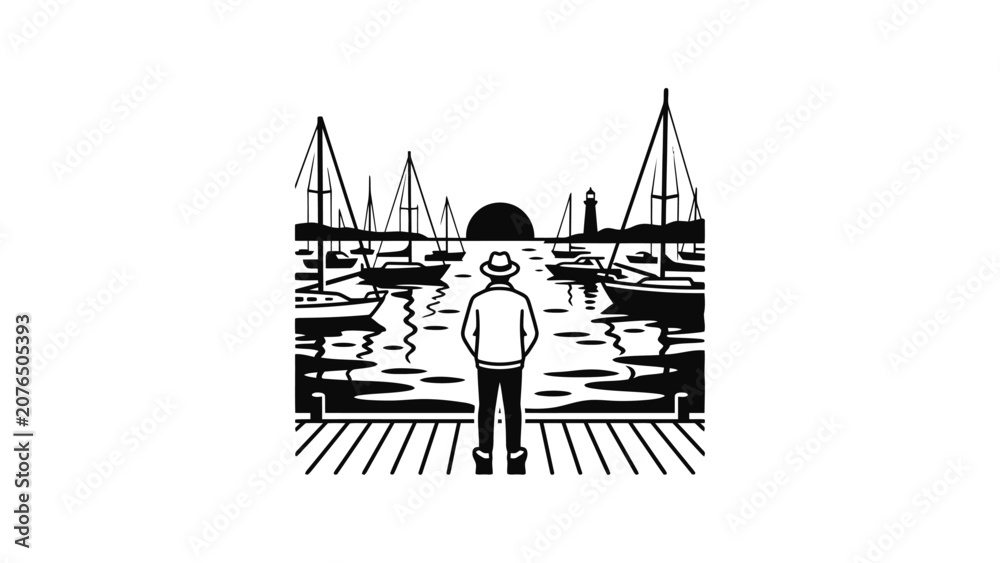 Fototapeta premium Man in Hat Watches Sunset Over Sailboat Harbor
