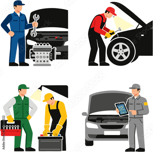 Mechanics Repairing Vehicles in Workshop with Tools and Equipment