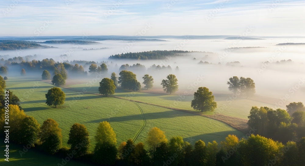 Fototapeta premium Aerial view of a foggy morning landscape. Climate and nature atmosphere. Lush green meadows and forests covered in thick rolling mist at sunrise