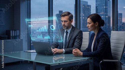 Business colleagues reviewing strategic growth dashboard on holographic interface.