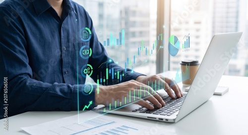 Fotografía business and finance planning data analysis with digital growth charts on laptop