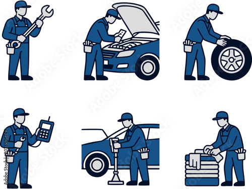 Mechanics and Workers Performing Vehicle Repairs and Maintenance in Flat Design Style