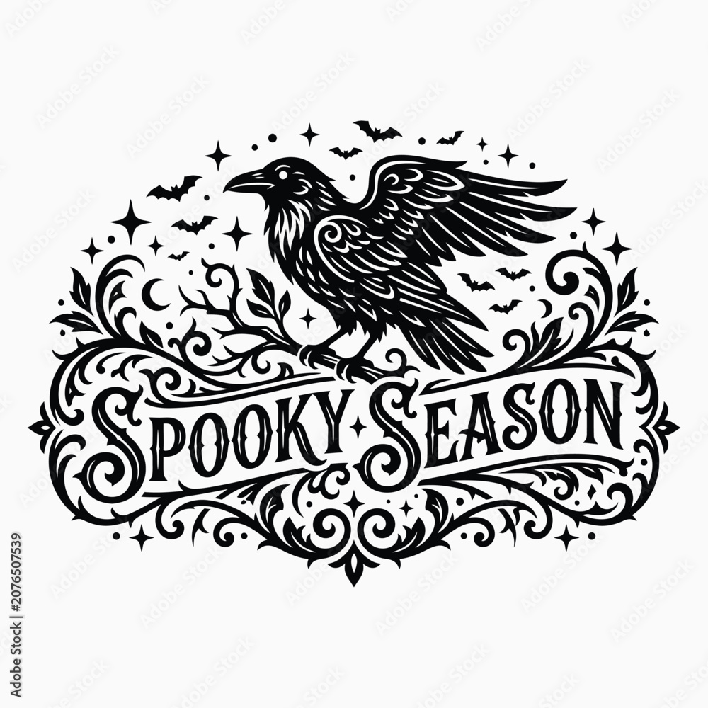 Fototapeta premium Spooky season halloween ghost graphic with crow and bats