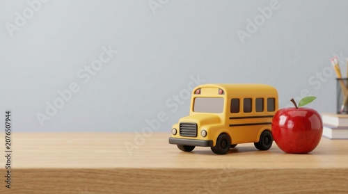 Yellow School Bus Toy and Red Apple on Desk