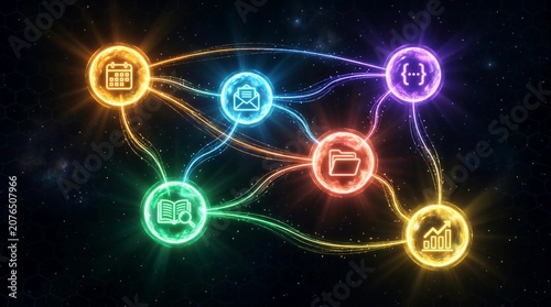 A Floating Network Of Six Distinct Glowing AI Agent Orbs Illustrating Digital Connectivity And Data Integration