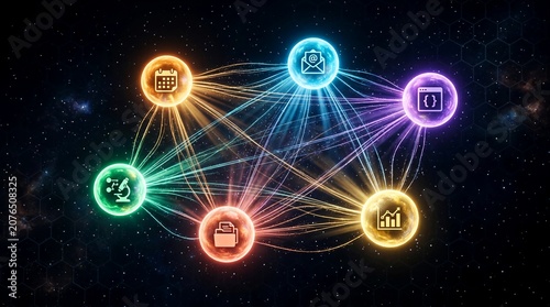 A floating network of six distinct glowing AI agent orbs connecting digital data nodes in dark space