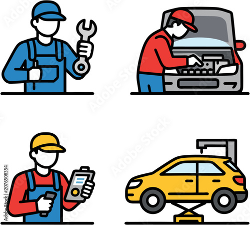 Mechanic and Worker Performing Vehicle Maintenance and Inspection in Flat Design Style
