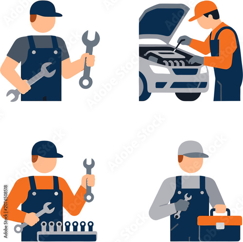 Mechanics Repairing Car Engine in Workshop with Tools Flat Vector Illustration