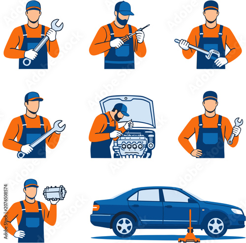 Professional Workers Performing Various Technical and Mechanical Tasks in Bright Flat Style