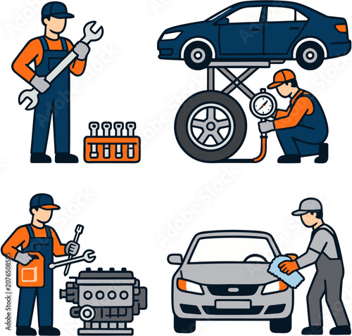 Professional Workers Performing Various Technical and Mechanical Tasks in Bright Flat Style