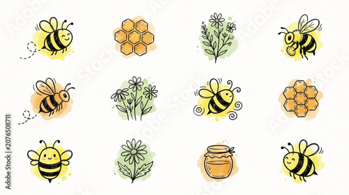 Cute hand drawn doodle bee vector collection with whimsical meadow insect and flower illustrations for fabric prints