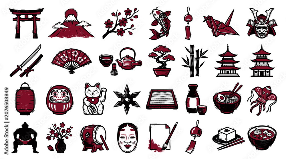 Obraz premium Collage of red and black symbols representing culture tradition art and iconic elements
