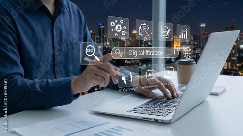 Foto digital strategy and ai integration concept with businessman using stylus on interactive interface