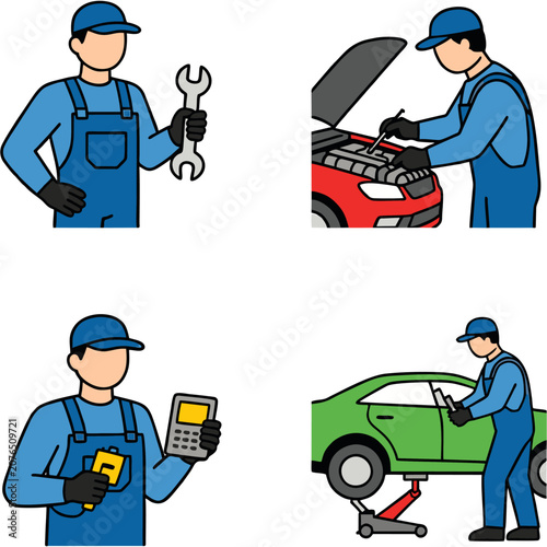 Mechanics Inspecting and Repairing Vehicles in Workshop with Diagnostic Tools