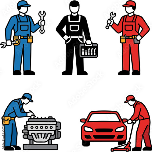 Three Mechanics Repairing Engine and Car in Flat Design Vector Illustration