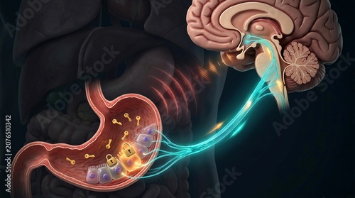 Human Gut and Brain Connection Showing Vagus Nerve Communication Axis and Microbiome Signals Illustration