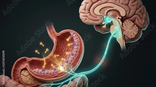 Scientific Illustration of Human Gut and Brain Connected by Glowing Vagus Nerve Representing Nervous System