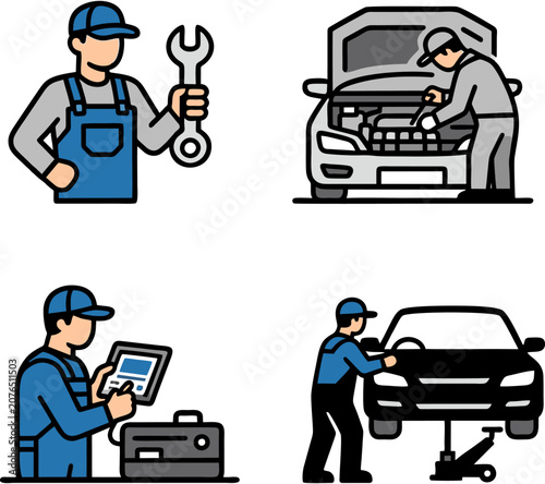 Mechanic Repairing Car Engine with Tools in Auto Workshop Flat Illustration