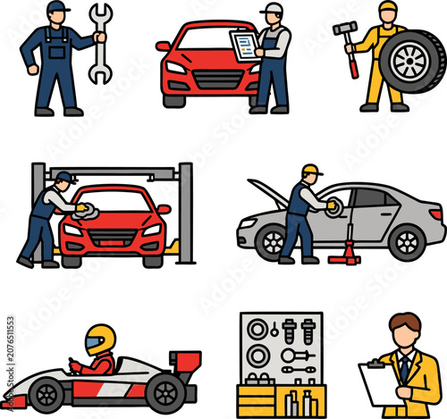 Mechanics Repairing Vehicles and Tools in Workshop Flat Design Illustration