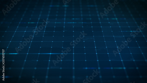 Abstract blue digital technology grid background with graphic glowing lines.