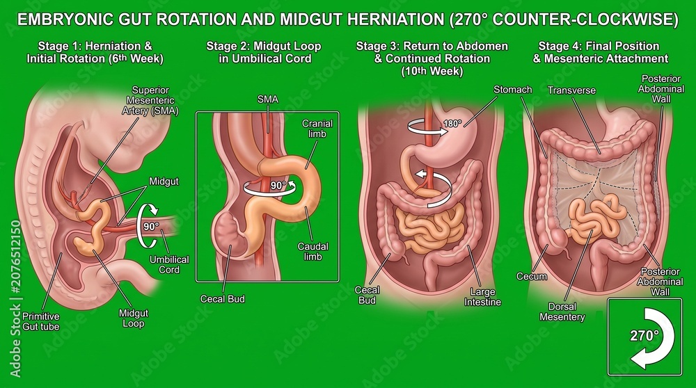 Fototapeta premium Embryonic gut rotation and midgut herniation stages illustrated in medical detail