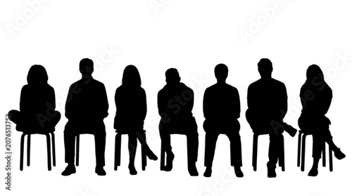 Silhouette people sitting in row on chairs isolated on transparent background, Vector