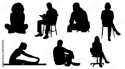 Silhouette people in different sitting and lying poses isolated on transparent background, Vector