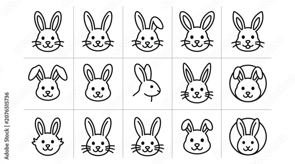 Obraz premium Rabbit face and domestic bunny line icon set with minimalist cartoon hare vector graphics for pet shop branding