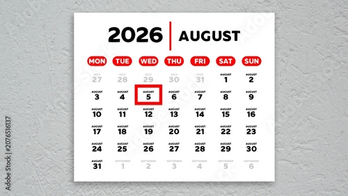 Red cursor highlighting August 5th on a 2026 wall calendar page