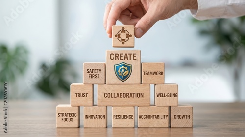 Hand placing create block on top of teamwork concept pyramid