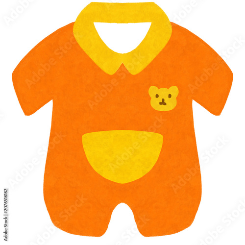 Orange baby onesie bodysuit with cute yellow bear icon and collar