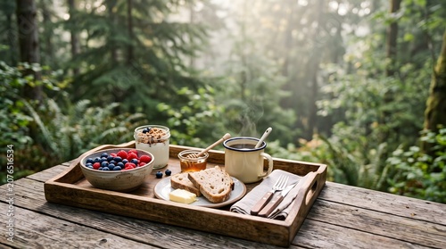Healthy Breakfast Tray with Berries and Yogurt in a Lush Green Forest
