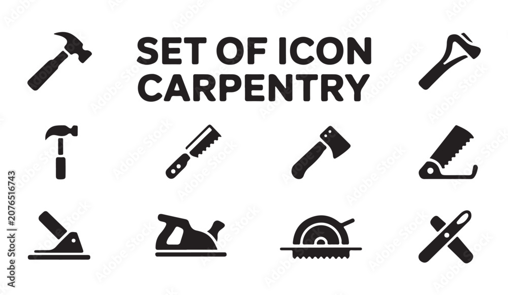 Naklejka premium Set of carpentry tool vector icons hammer saw axe plane and drill.