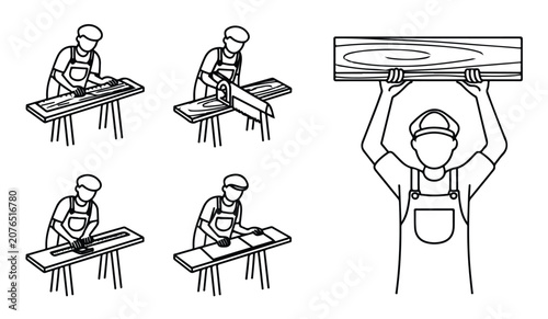 Tableau sur toile Woodworker measuring and sawing timber on workbench vector illustration icons