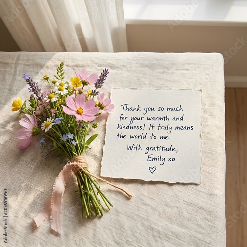 Handwritten Gratitude Note With A Seasonal Wildflower Bouquet On Linen Fabric