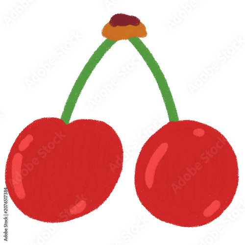 Two sweet red cherries on green stem graphic illustration